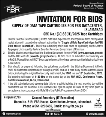 Federal Board of Revenue Islamabad Tender Notice